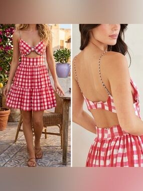 Mo Maya Runa Mini Pink Gingham Cutout Mini Dress M/L NWT Check Print Sleeveless